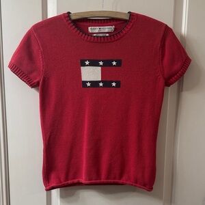 Vintage Tommy Hilfiger Flag Logo Red Knit Short Sleeve Sweater Tee Size S